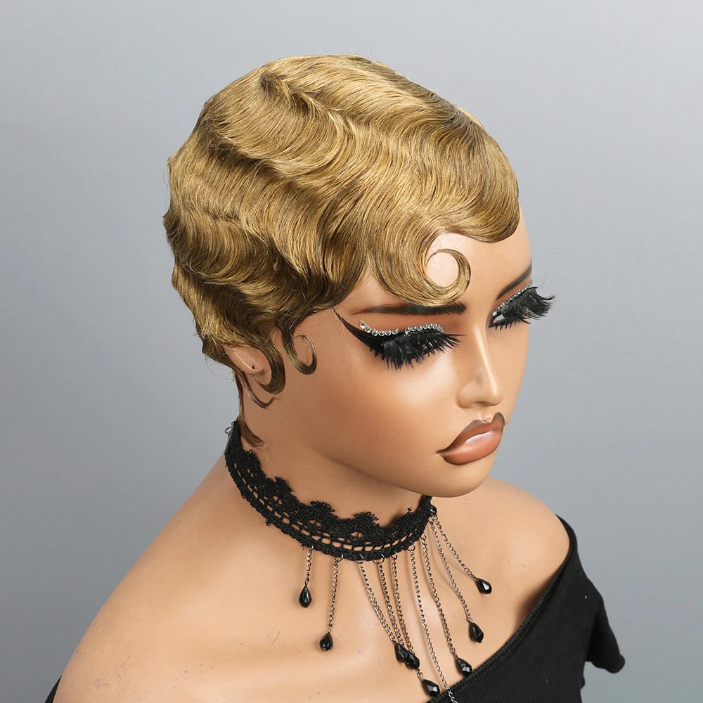 Short Finger Wave Wig Human Hair Wigs For Women 180% Density Brown Short Ocean Wave Wig Pixie Cut Wigs for Woman Natural Look