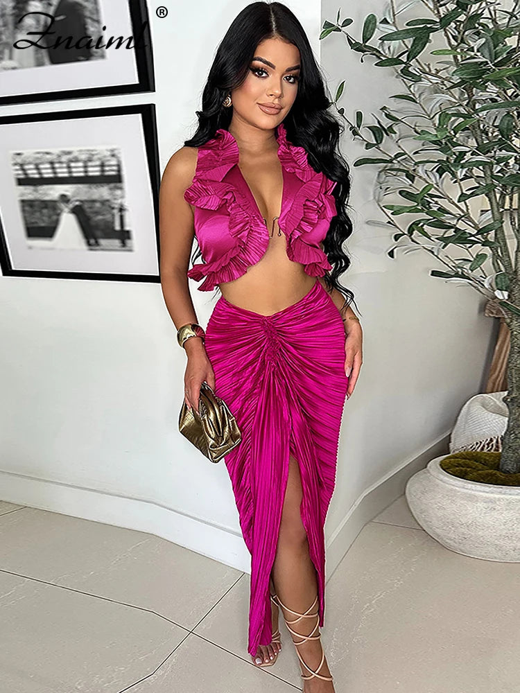 Znaiml Prom Gowns Formal Pleated Two 2 Pieces Women Crop Top and High Slit Skirt Set Ruffles Sexy Night Club Outfits Birthday
