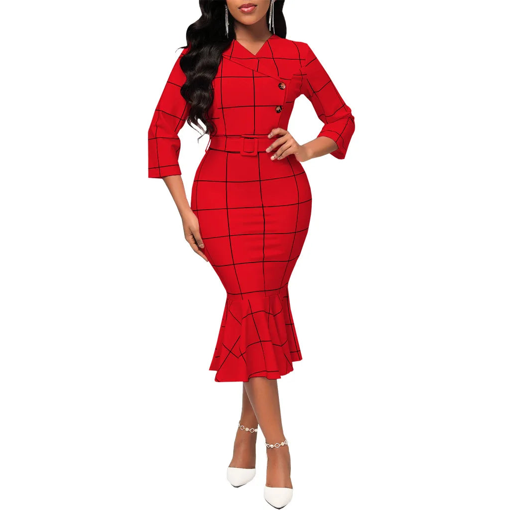 Sexy fashion solid color seven-quarter sleeve small V-neck women's dress SMR12189