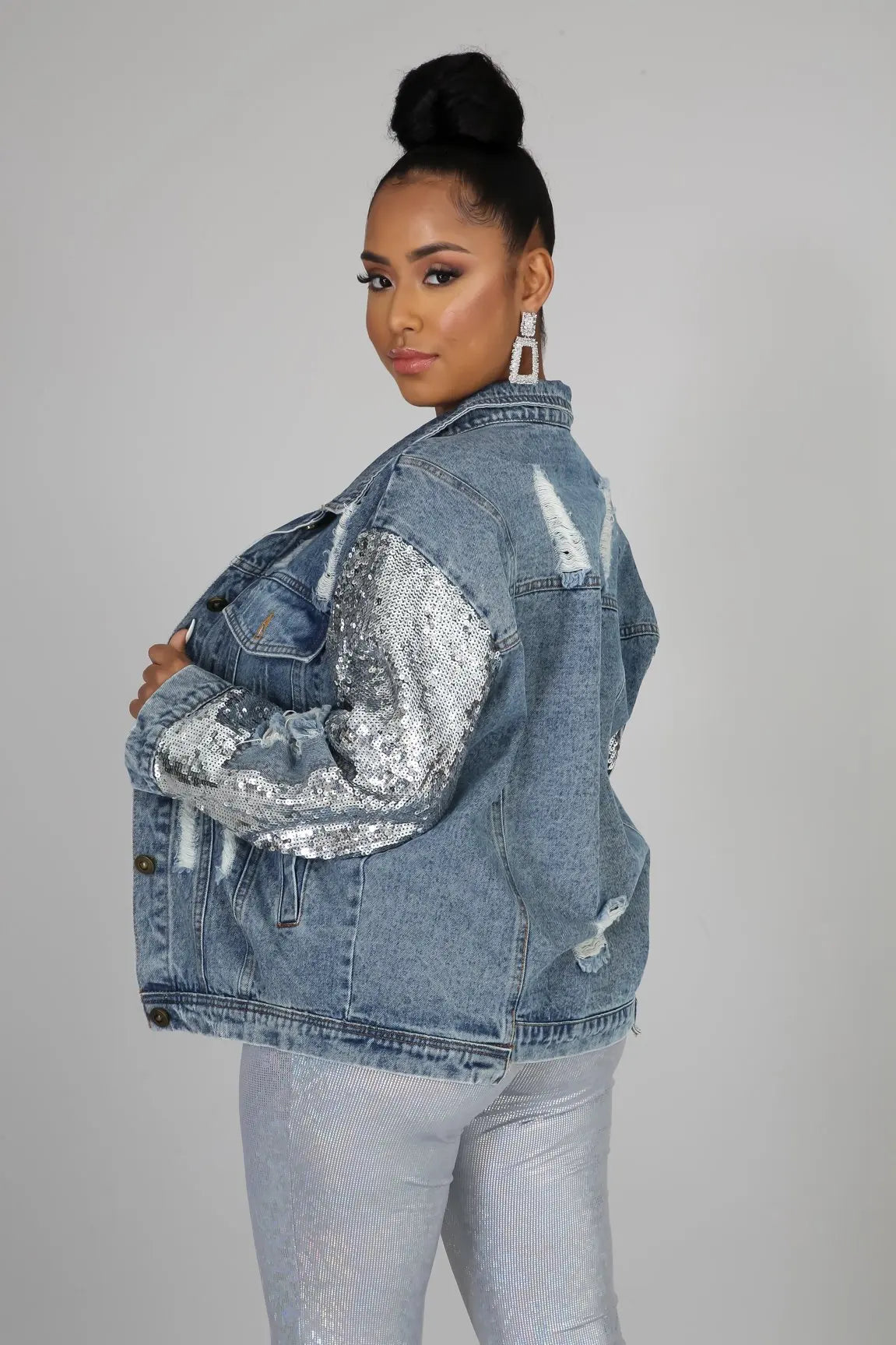 Jackets Women Denim Coat Hole Sequins Patchwork Single Breasted Turn Down Collar Y2k Vintage Streetwear 2025 Autumn Outerwear
