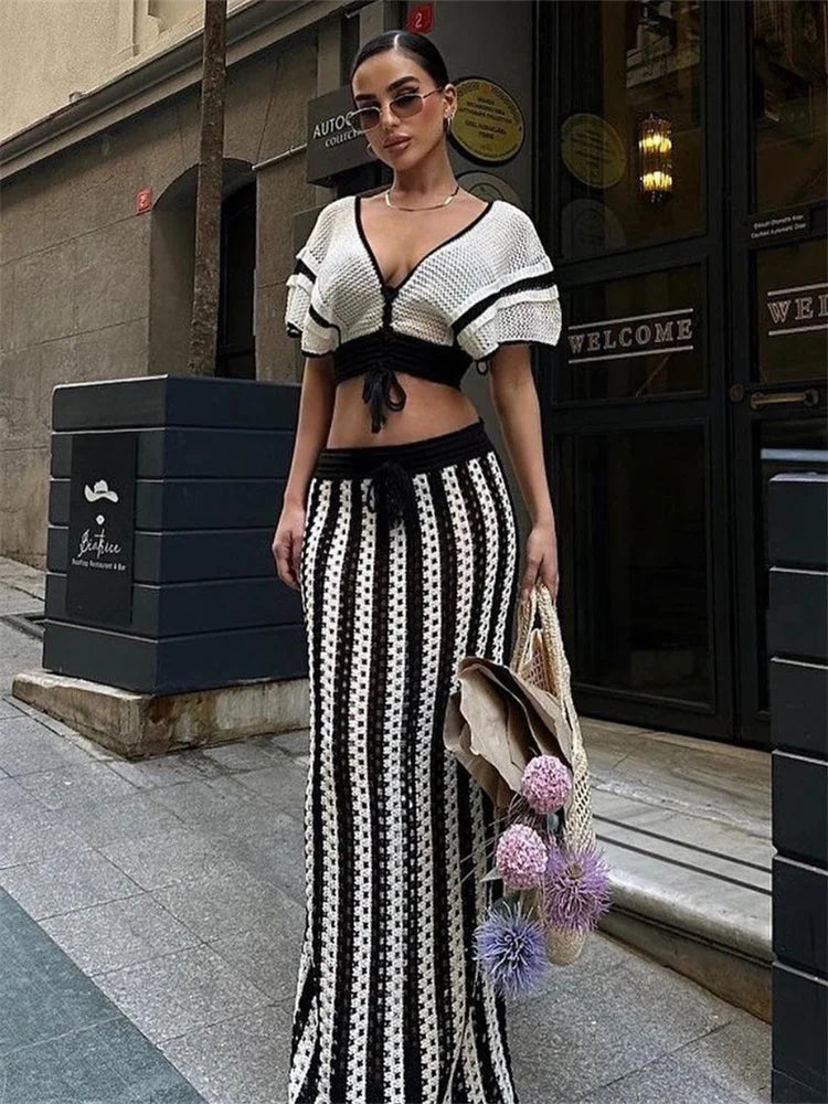 Wmstar Women Two Piece Set Sexy Elegant Knitted Crochet Beach Stripe Crop Tops Long Skirts Matching Set Holiday Birthday Outfits