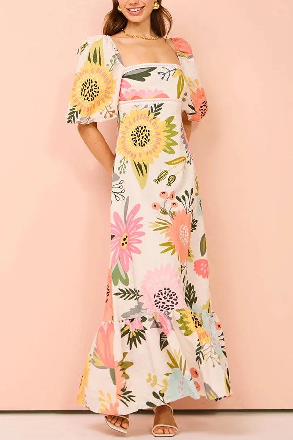 Summer Dress Elegant Women Flower Printed Maxi Dress High Waisted Short Sleeve Square Collar 2025 Summer Fashion Holiday Dresses