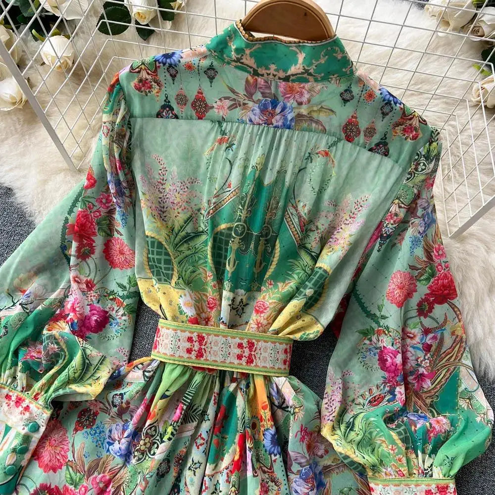 Women's Turtleneck Lantern Sleeve Single Breasted Flower Print Maxi Dress Autumn Bohemian Chiffon Green Belt Holiday Vestidos