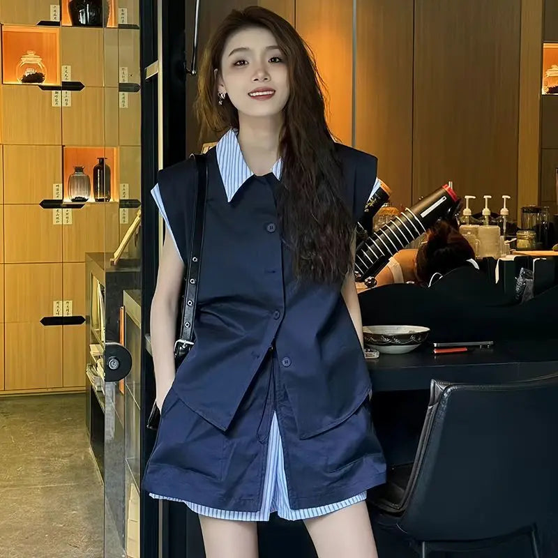 Summer Fashion 2025 Retro Stripe Splicing Women's Short Sets 2 Pieces Casual New Luxury Outfits Novelties Light Female Shorts