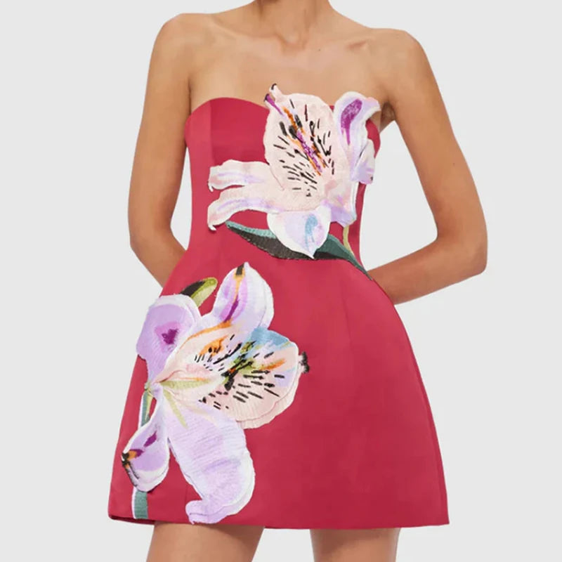 Lady Elegant Strapless Waist Banquet Dress Fashion Sleeveless Hollow Cocktail Dresses Casual Floral Print Backless Holiday Dress