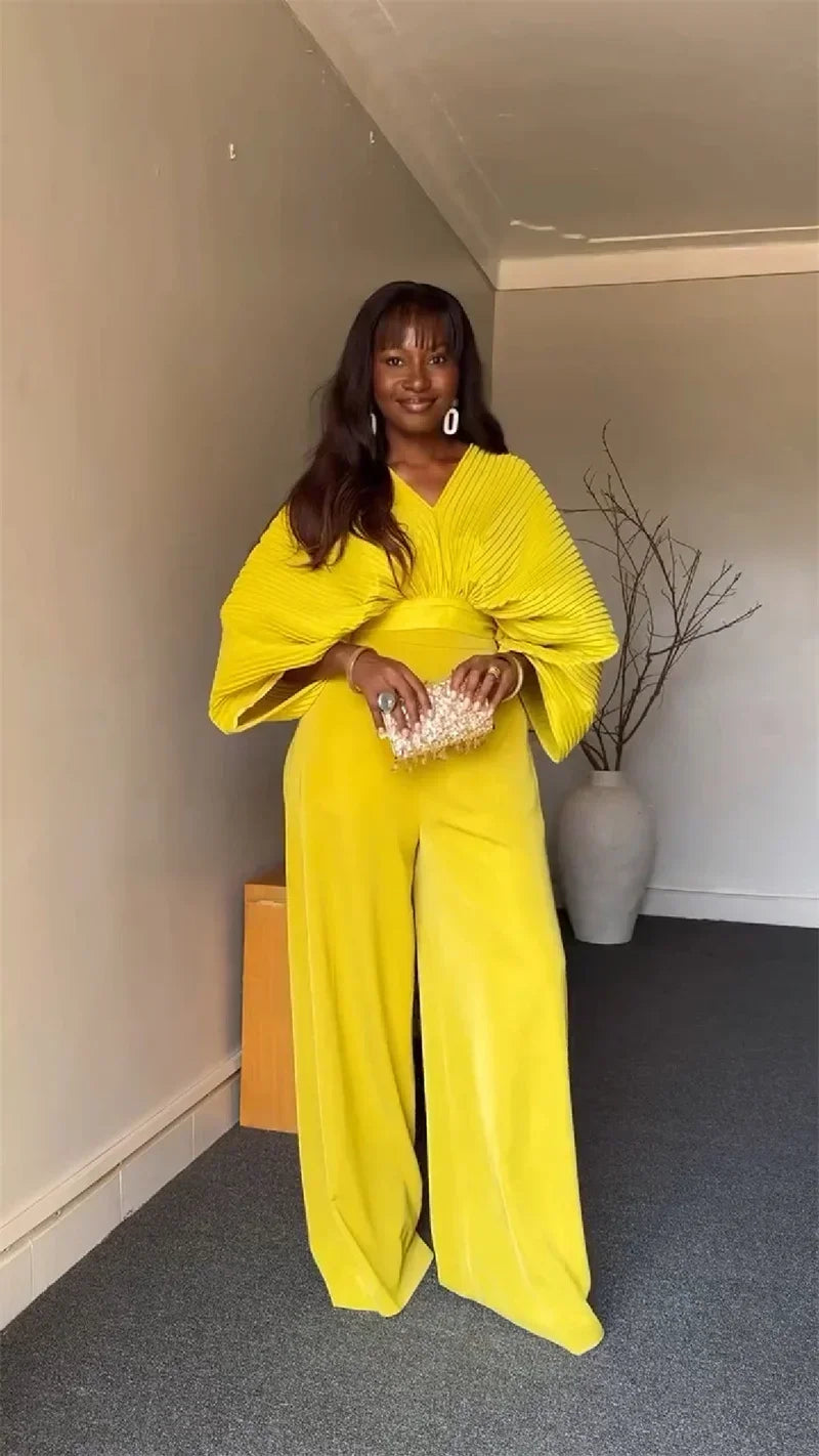 Pleated Blouse V Neck Full Sleeve and Wide Leg Pants Women Loose 2 Pieces Sets Elegant Office Ladies African Outfits 2025