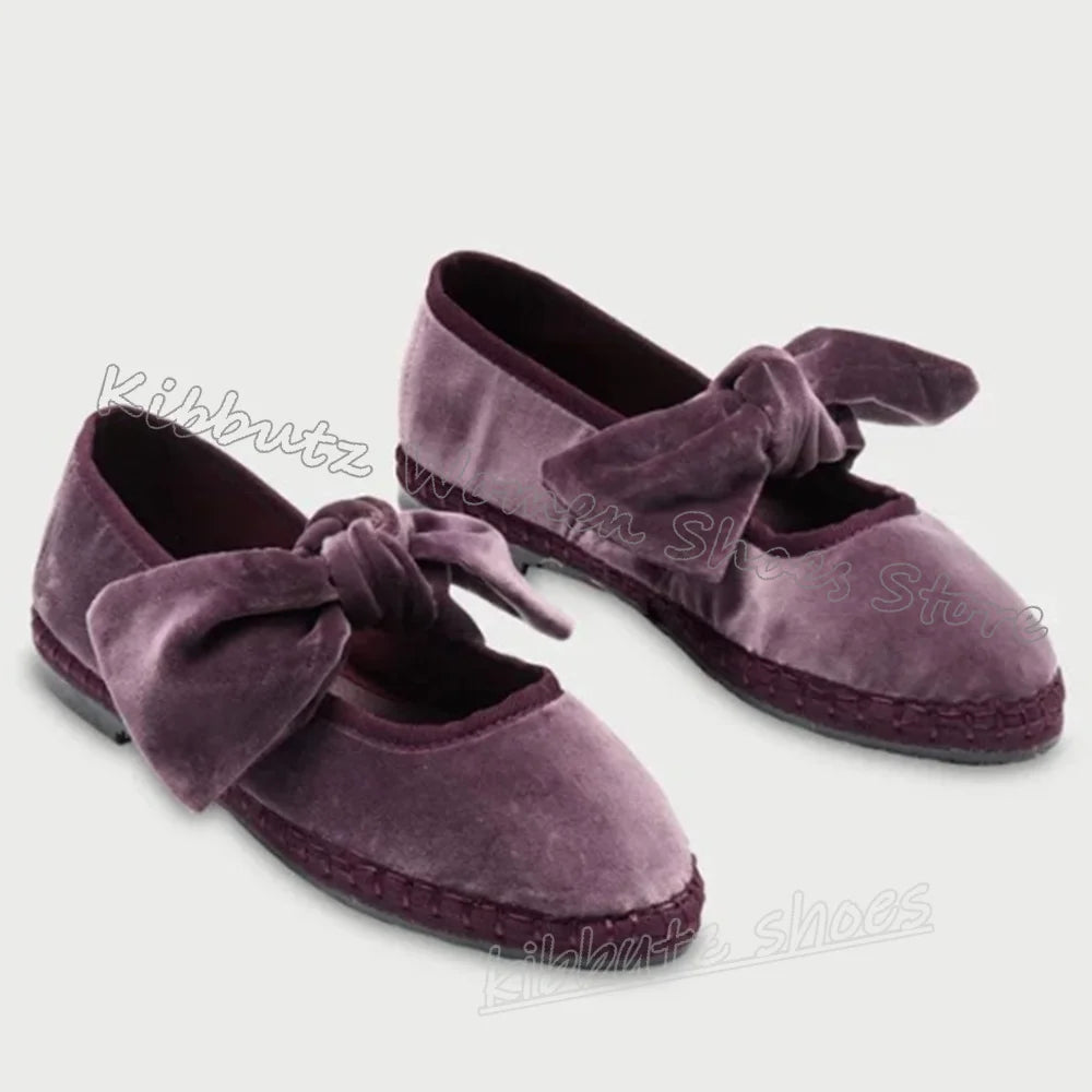 Velvet Bows Pumps Knots Solid Color Slip-On Round Toe Flat with Novelty Fashion Luxury Elegant Comfortable Sexy Women Shoes New