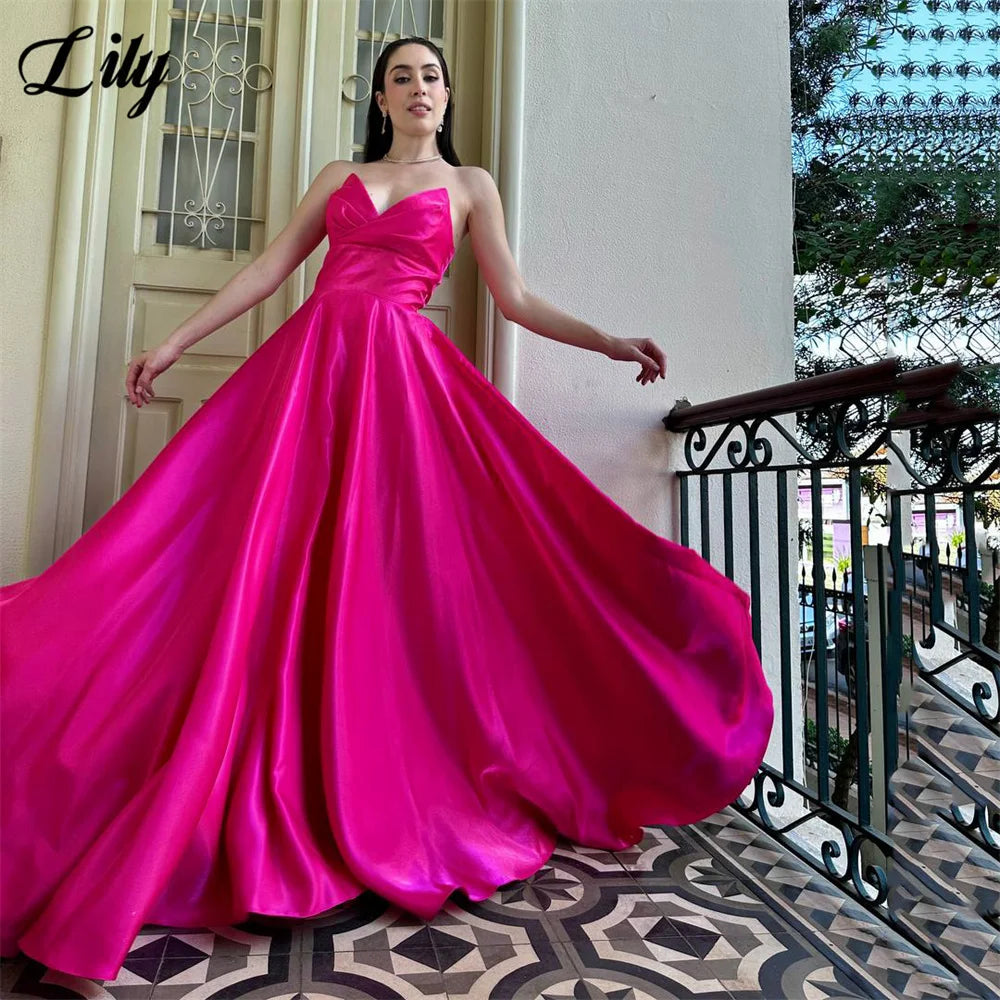 Lily Fuchsia Evening Dress Sweetheart Formal Gown A Line Prom Gown Strapless Night Dresses with Floral robe de bal Customized