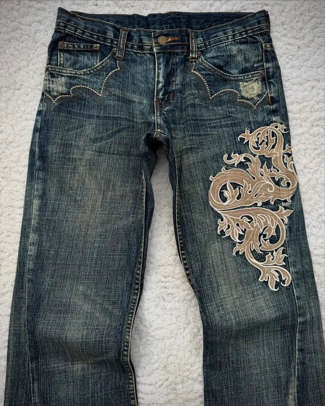 Retro Shallow Water Washing High-bright Lines Thorn Art Embroidery Pattern Y2K Blue Jeans Women's Personalized Micro-flare Pants