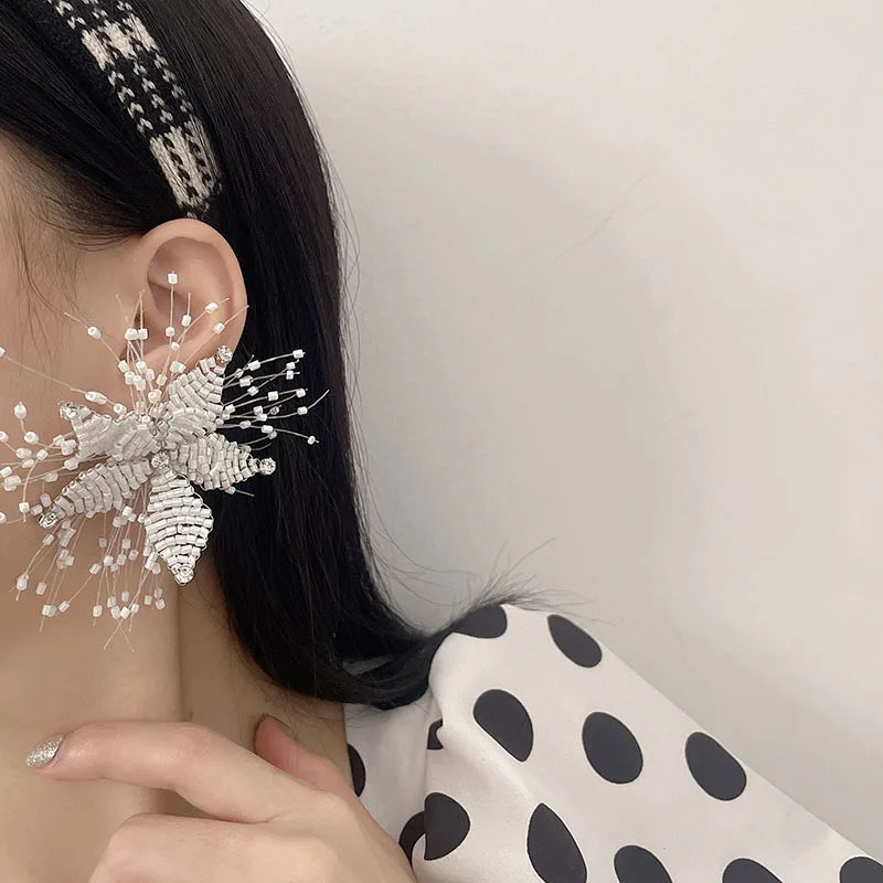 Hand-made Beaded Flower Exaggerated Earrings Party Wedding Bride Fashion Earrings for Women
