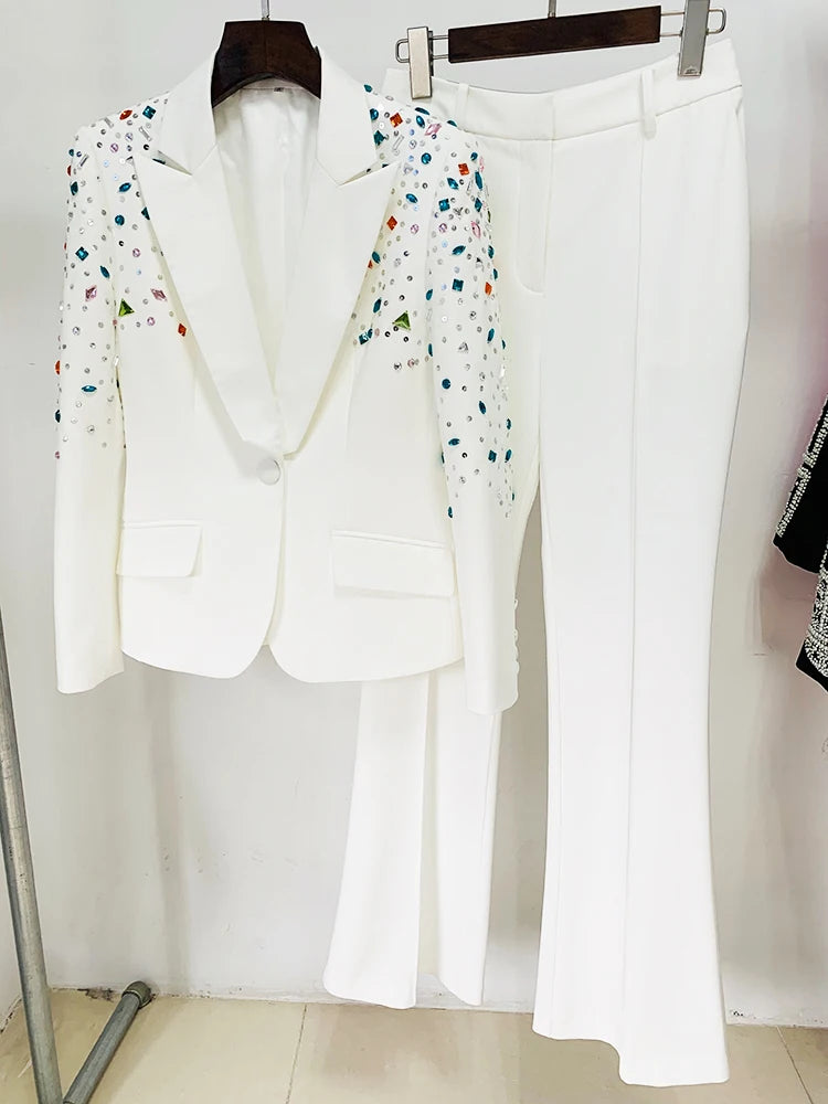HIGH STREET Newest 2026 Designer Runway Fashion Suit Set Women's Slim Fitting Strass Diamonds Beaded Blazer Pants Set