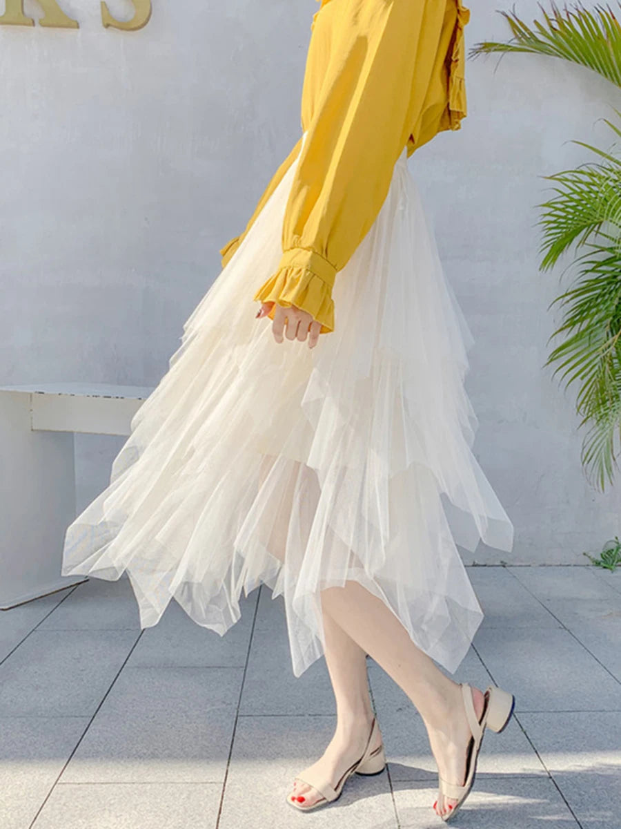 Women Tutu Tulle Skirt Elegant High Waist Mesh Tiered Layered Half Skirt Female Prom Party Midi Skirt for Summer Fairycore Y2K