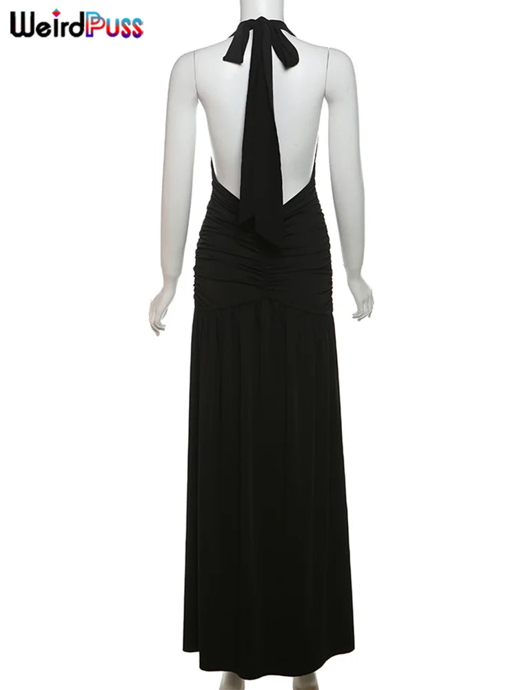 Weird Puss Deep V-Neck Halter Dress Woman Summer Ruffles Splits Backless Elegant Patchwork Solid Party Coquette Sexy Vestidos