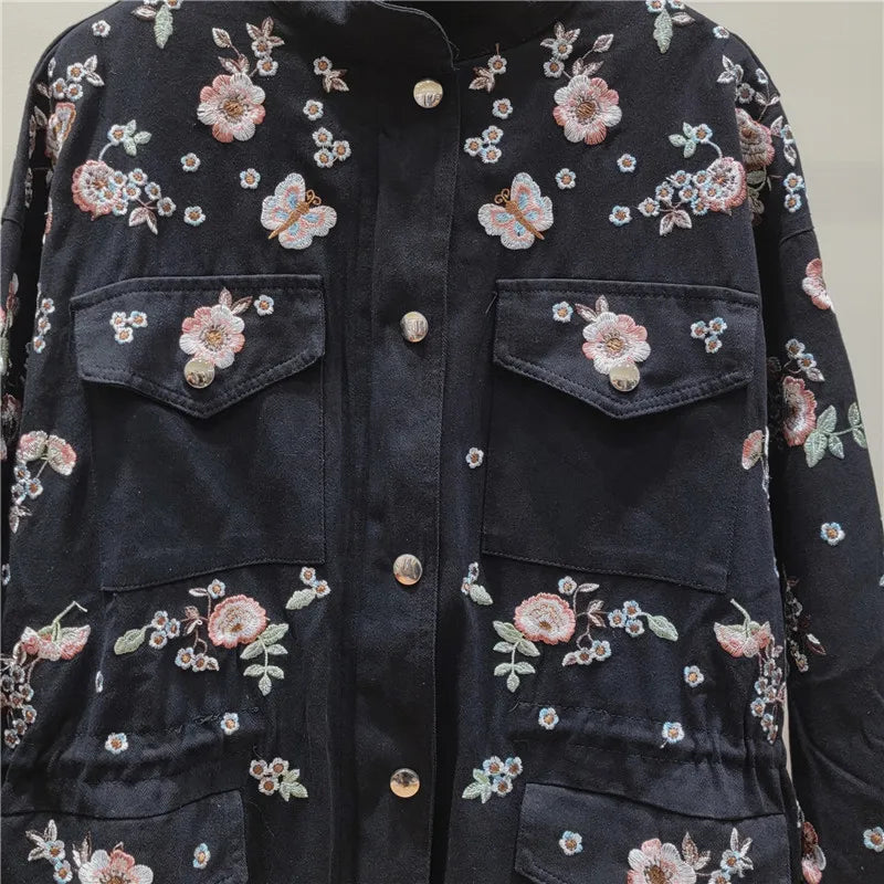 YEAE autumn fashion heavy industry flower embroidered trench coat women's stand-up collar loose drawstring waist trench coat