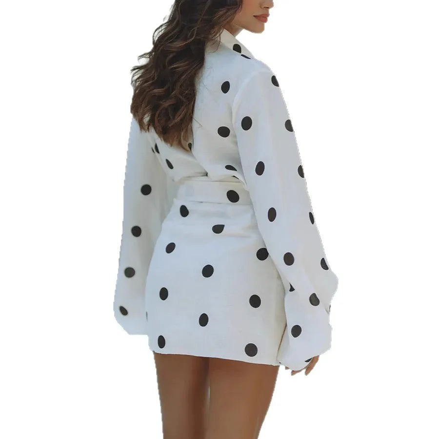 Women Summer New Long-sleeved Printed Polka Dot Shirt Top & Casual Loose Shorts 2pcs Set