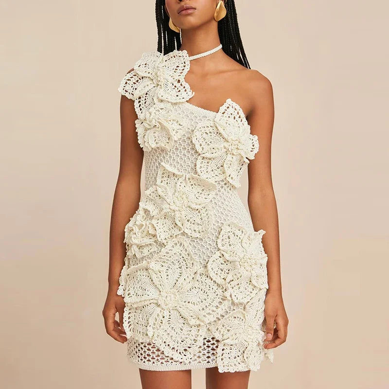 2025 New Summer Dress Fashion Flower Knit Hollow Out Dress Sexy Vintage Solid Slim Sleeveless Backless Women Dresses Mini Dress