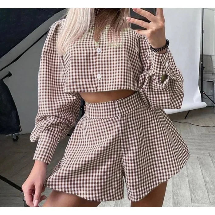 Wide Leg Pants Two Piece Set Woman Plaid Long Sleeved Shirt and High Waist 2025 Summer Fashion Casual Suit Spring and Summer New