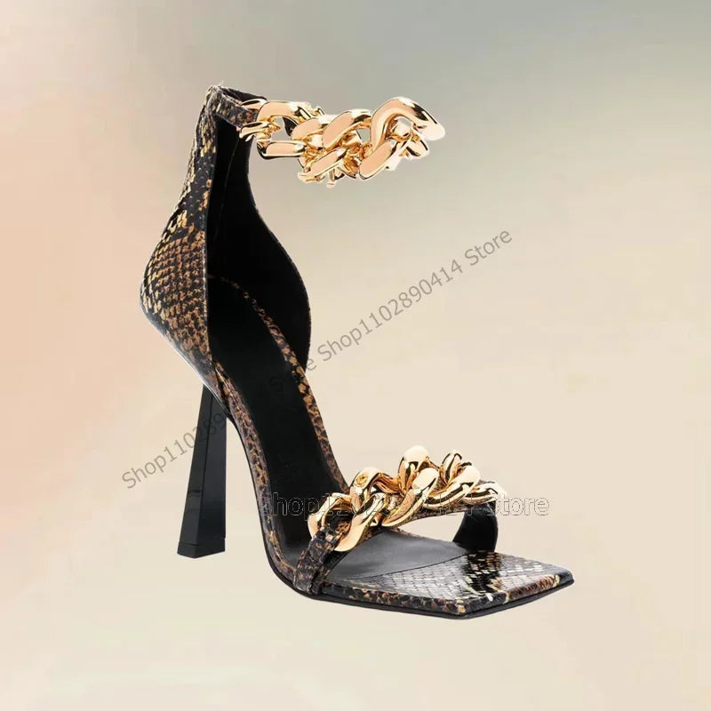Snakeskin Print Gold Chain Decor Open Toe Sandals for Women