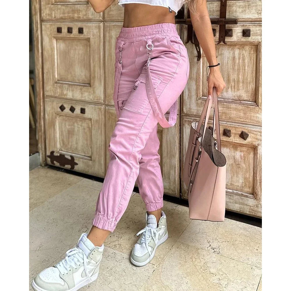 Women's Cargo Pants Casual Trousers 2024 Spring Autumn Solid Color Trend Street Pocket Design Cuff Suspenders Streetwear Women