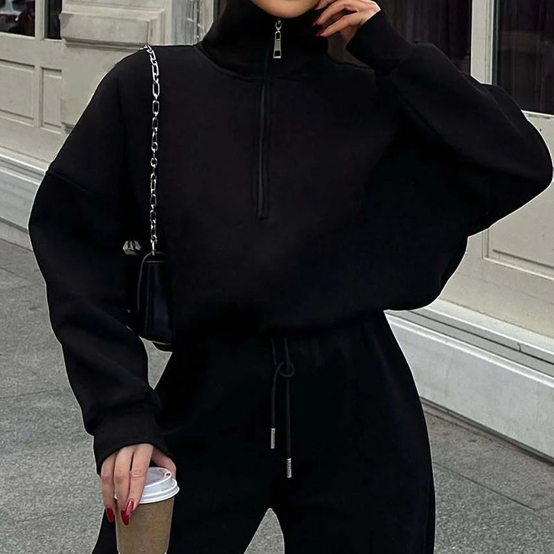 KUCLUT 2025 Autumn Fashion Sport Style Two-pieces Set For Women Half-Zip Pullover Sweatshirt Drawstring Long Casual Pants 1A1109