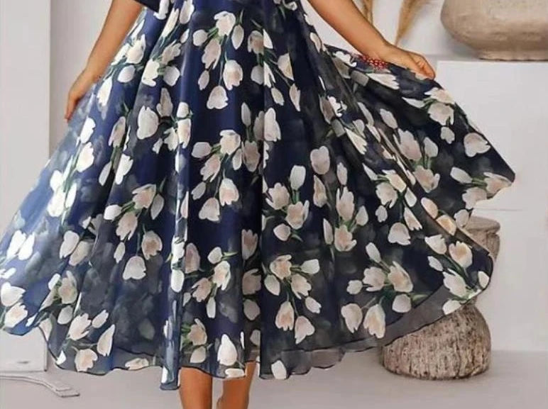 Spring Summer Women's Clothing New Casual V-neck Half Sleeve Floral Flower Dress