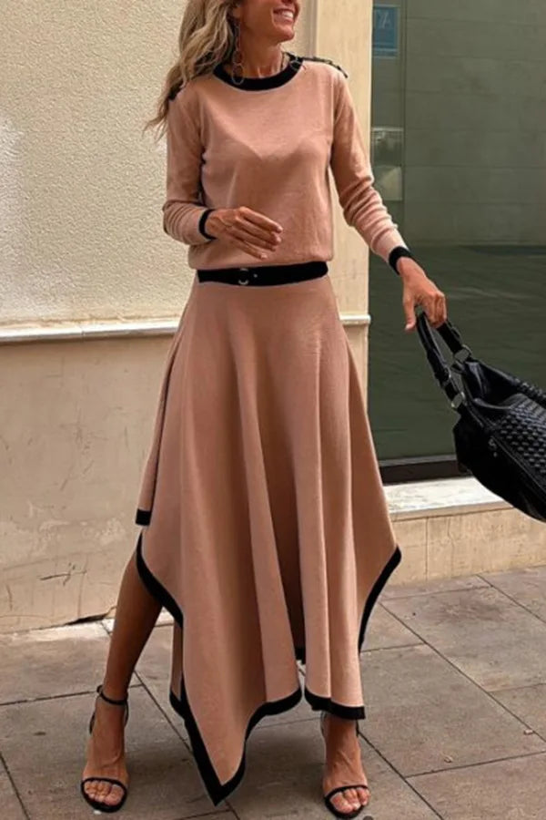 Women Casual Long Sleeve 2Pc Set Fashion Color Blocked Loose 2Pc Outfits Elegant O-neck Pullover Top & lrregular Long Skirt Suit