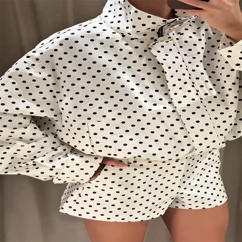 Loose Polka Dot Zipper Women's Shorts Set Stand Collar Patchwork Full Sleeve Pockets Jacket Tie Up Short Pant Suit Summer Outfit