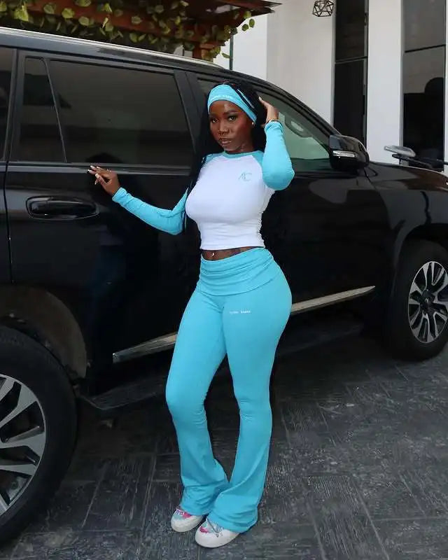 FAGADOER Casual 2 Pieces Set for Woman Long Sleeve Round Neck T-Shirt and High Waist Pants Matching Tracksuits Female Sportswear