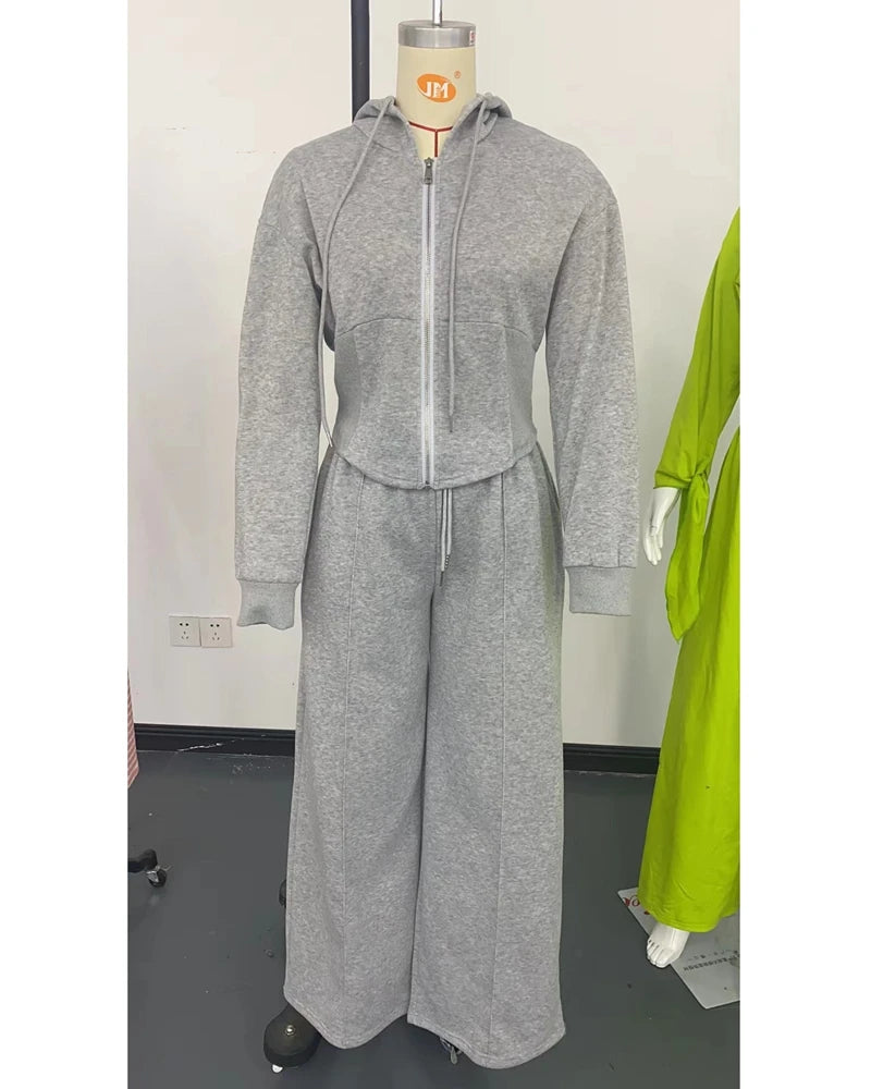 2 Pieces Pants Set Long Sleeve Zip Fly Slim Fit Hooded Top and Casual Wide Leg Pants Set