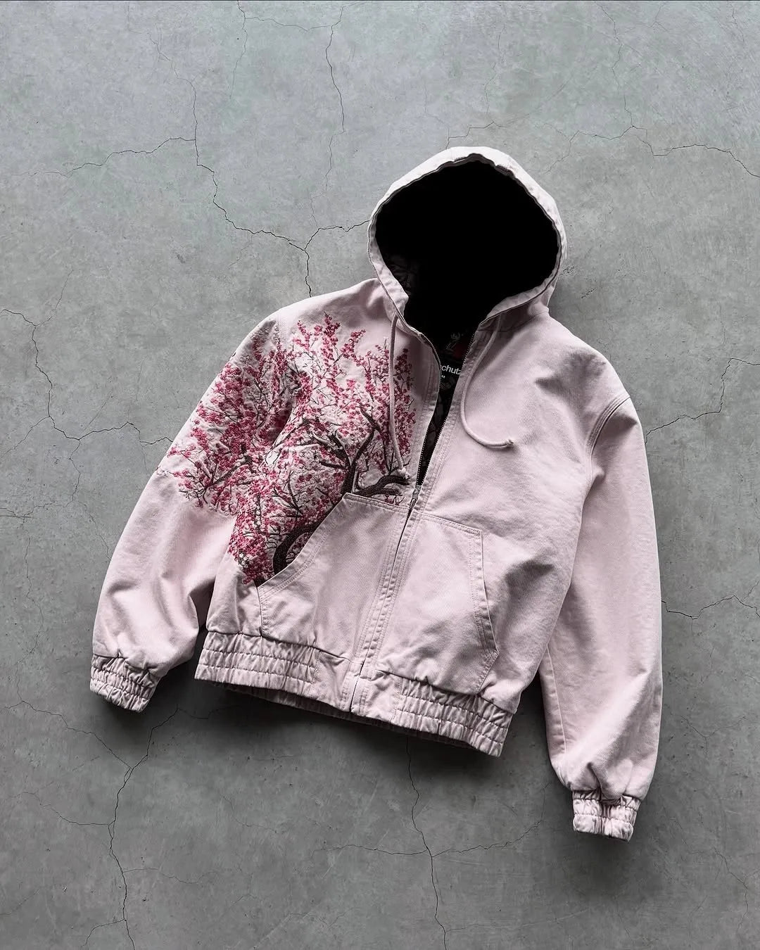 American Vintage Y2K Cherry Blossom Embroidered Hooded Jacket Womens Pink Zipper Coat with Floral Tree Graphic Streetwear