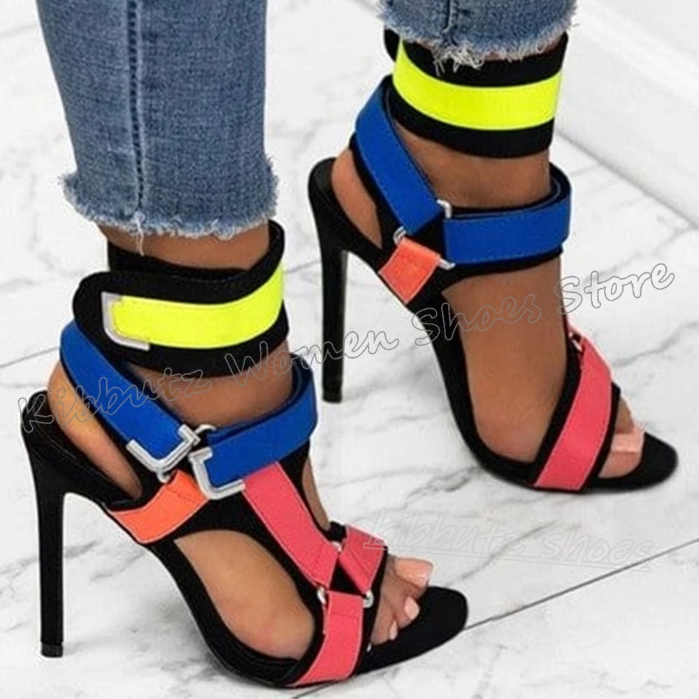 Hook&loop Patchwork Sandals Buckle Strap Pointy Thin Heels Fashion Luxury Elegant Comfortable Novelty Women Shoes Newest Leather