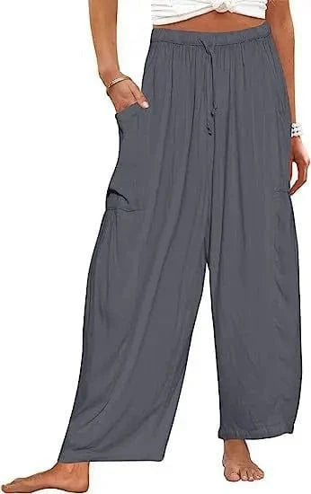 Loose Wide Leg Pants Women's Clothing Elastic Waist Pleated High Waist Casual Cotton Linen Solid Color Trousers Pants