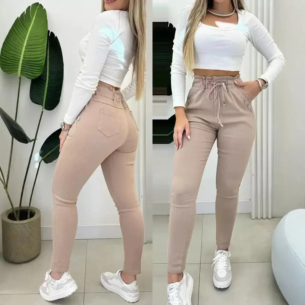 Casual Skinny Pants Women Fashion Drawstring Waist Button Decor Lined High Waist Pocket Daily Trousers Y2k 2024 Spring Autumn