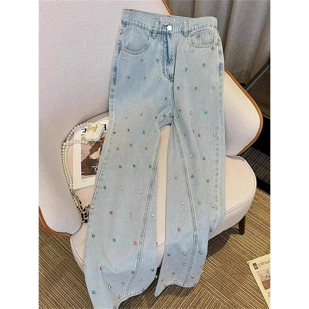 Women Diamonds Denim Pant Korean Fashion High Street Straight Ankle-Length Jeans Spring Autumn All-Match Office Lady Long Pants