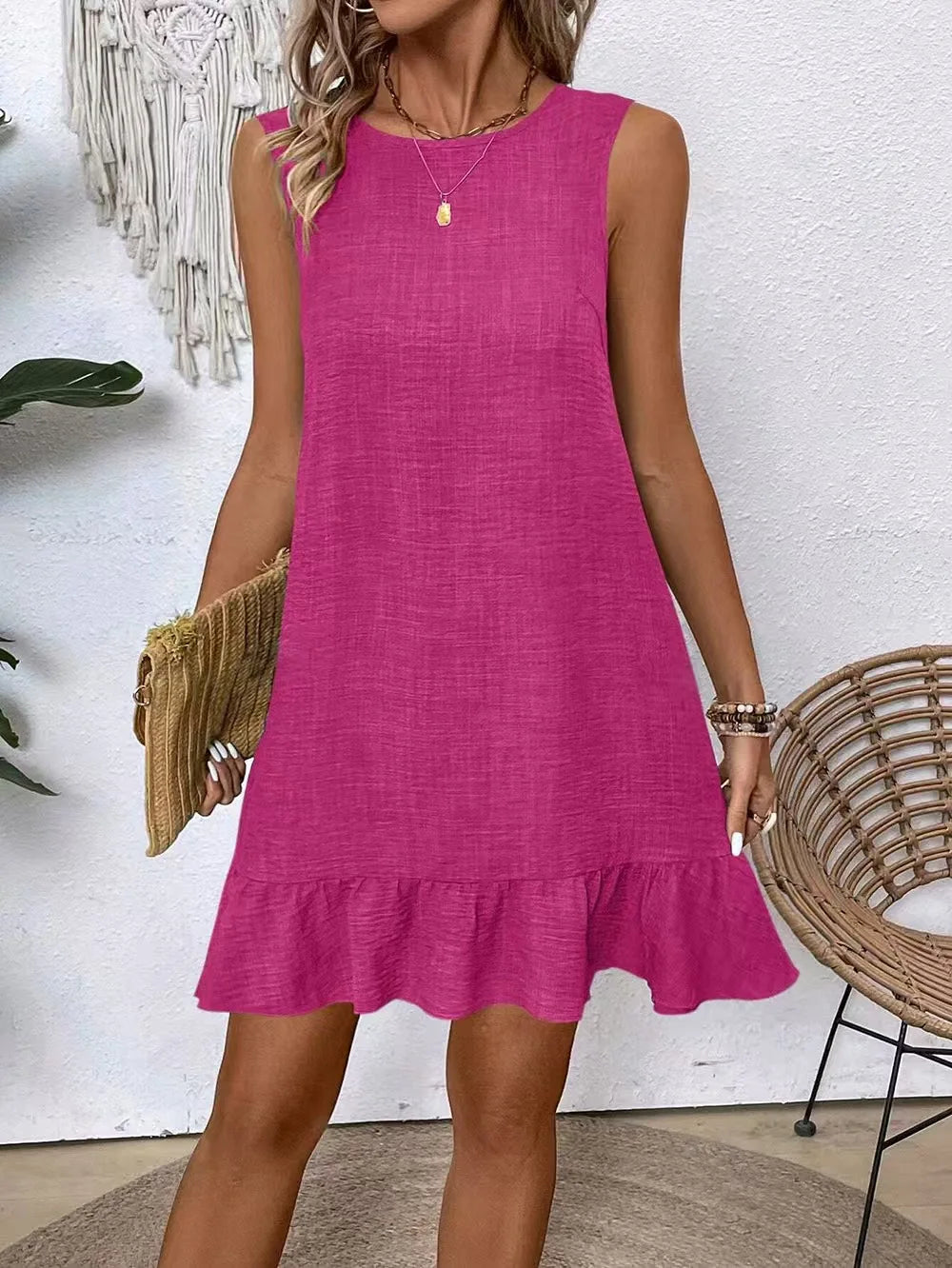 Sleeveless Women Dress for 2024 Summer Solid Vacation Pullover Beach Sundress Female Korean Fashion Slim Sexy Casual Short Dress