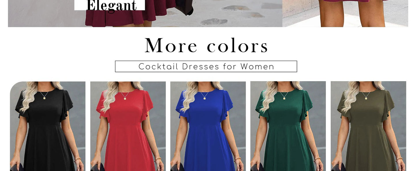 Summer 2025 Women's Dresses Elegant Vintage Ruffle Sleeve Flared A Line Swing Round-Neck Casual Party Cocktail Dress Women Cloth