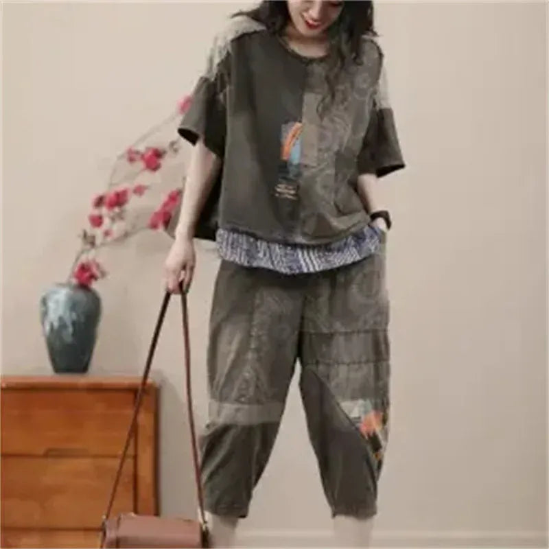 2024 Female Korean Ethnic Style Denim Harlan Pants Sets two-piece Women's Summer New Small Casual High-end Clothing Printing Set