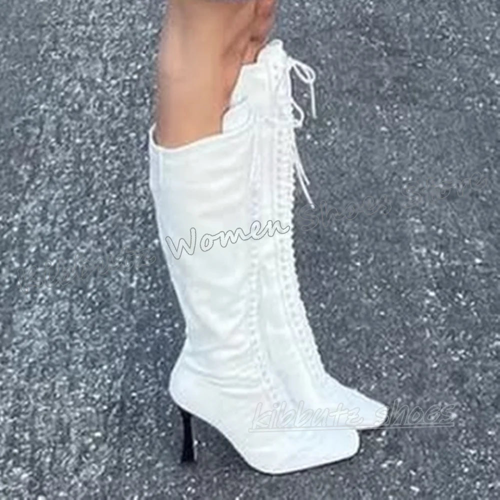 Sewing Knee High Boots Leather Lace-Up Patchwork Square Toe Kitten Heels Fashion Luxury Elegant Concise Sexy Women Shoes Newest