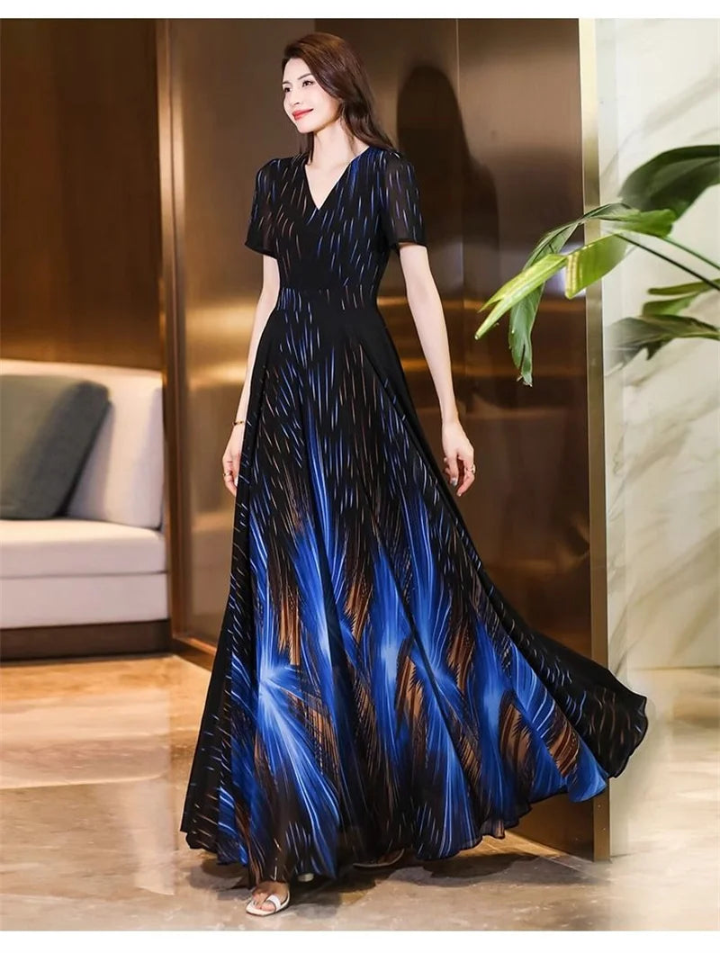 Pendant Sense Dress for Women Summer 2024 New Fashion High end, Elegant Slim and Waist Up V-neck Chiffon Dress Long Dress 4XL