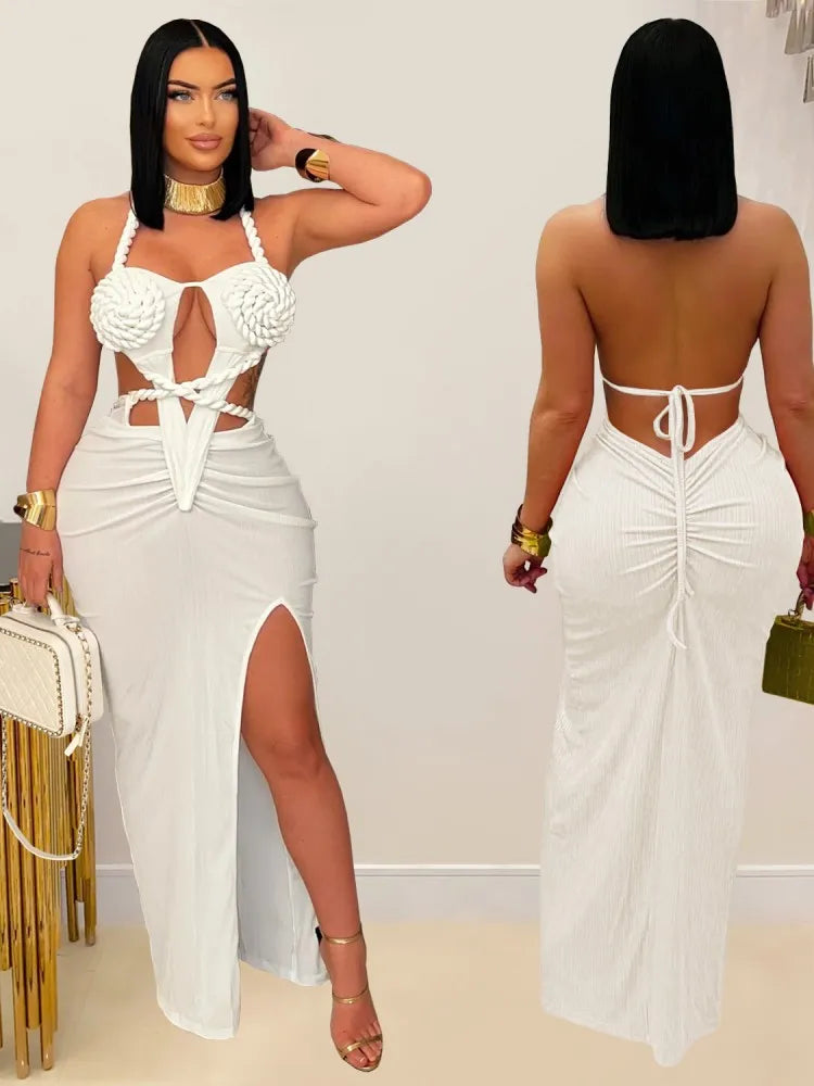 Joskaa Women's 2025 Summer Knit Halter Dress Sexy Hollow Backless Slit Bodycon Maxi Dresses Holiday Party Club Beachwear S-XXL