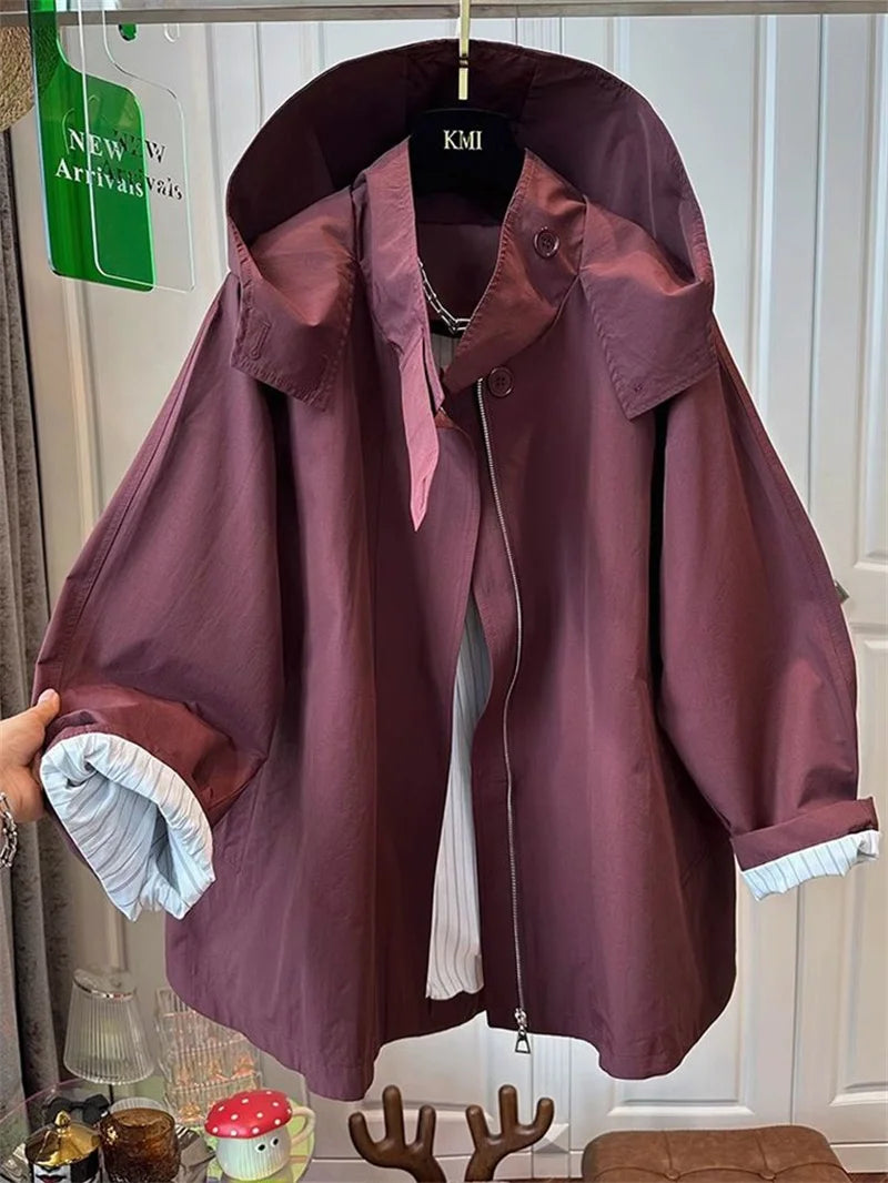 Fem Cotton Trench Coat For Women Casual And Versatile Loose And Slimming Autumn Simple Hooded Long Jacket For Women Windbreaker