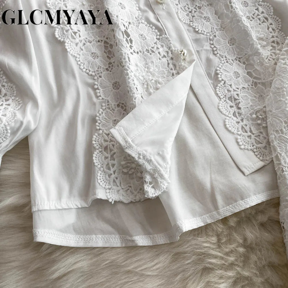 CM.YAYA Fashion Lace Embroidery Patchwork Women's Set Long Sleeve Shirt and Wide Leg Pants 2025 Vacation Two 2 Piece Sets Outfit