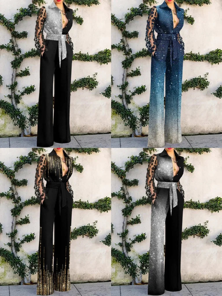 Sexy Jumpsuits Women Fashion Versatile Lace Patchwork Flared Loose Y2k Jump Suits for Female Streetwear 2024 New Spring/Summer