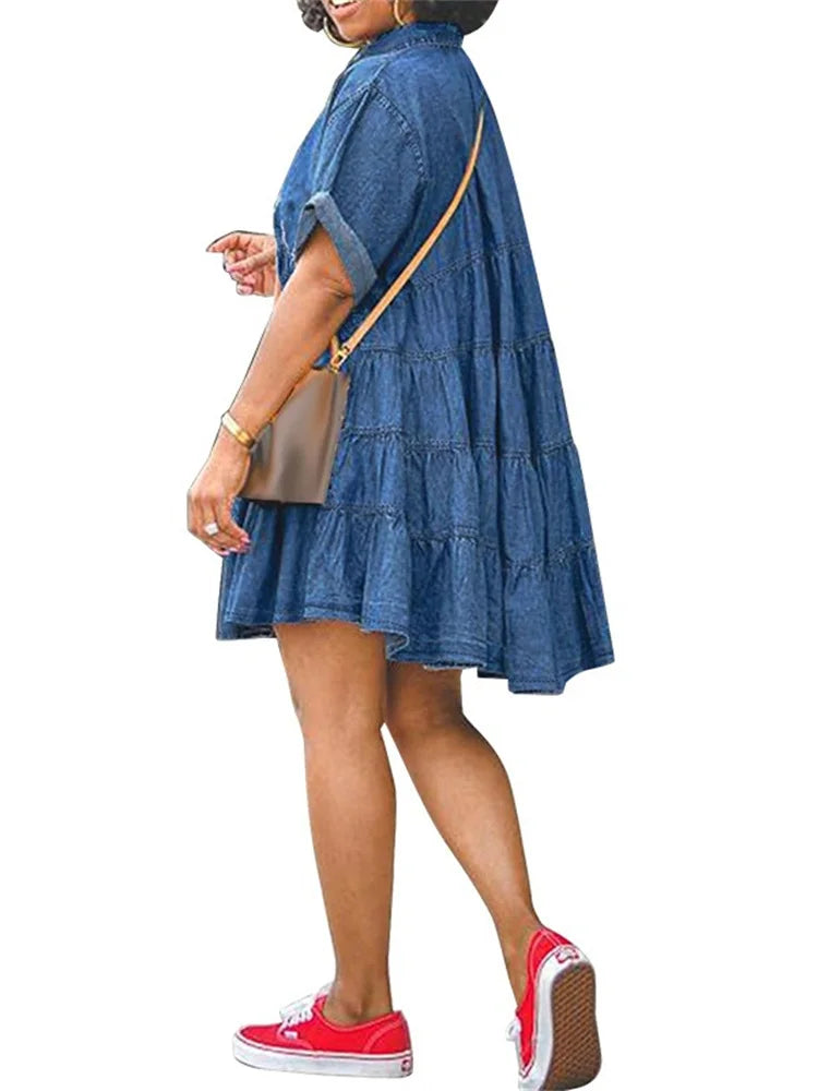 Wmstar Plus Size Denim Dresses Women Elegant Casual Loose Short Sleeve Summer Midi Dress Wholesale Dropshipping New Style