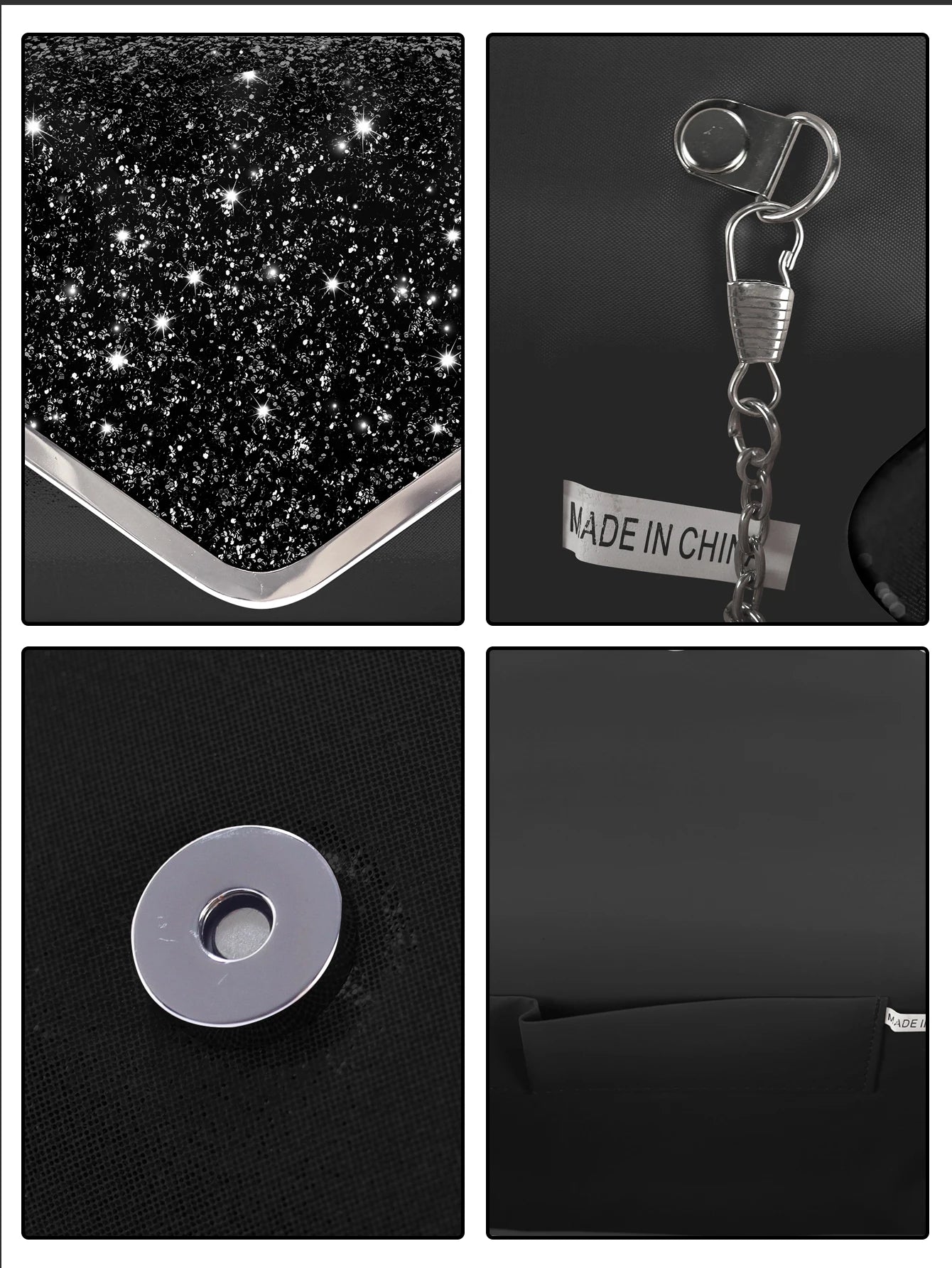 Sparkling and luxurious sequined evening clutch for women, paired with a gorgeous rhinestone necklace, earrings and bracelet set