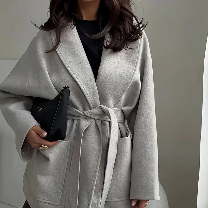 2025 Winter Casual Long Sleeve Grey Outercoat Women's Fashion Lace-Up Warm Woolen Jackets Autumn Fashion V-neck Thickened Coat