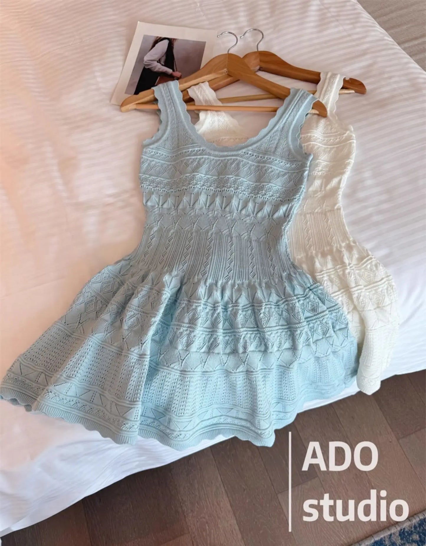 White Sweet A-line Ruffle Edge Knitted Vest Dress Women's Summer French Fashion Slim Temperament Sexy Girl Hollow Short Dress