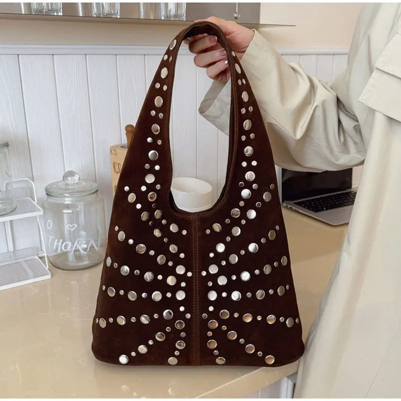 Polka Dot Rivet Tote Bag Women's Fashion Trend Texture Shoulder Bag High-end Luxury Suede Bucket Bag Commuter Female Handbag