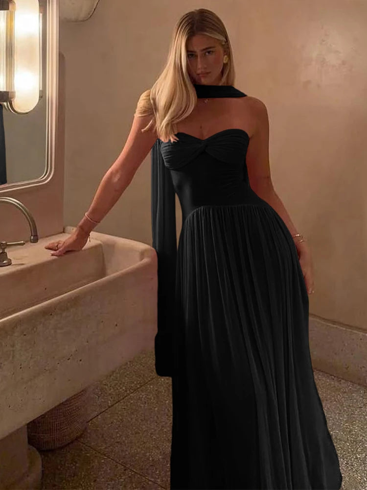 Mesh Shirred Strapless Maxi Dress