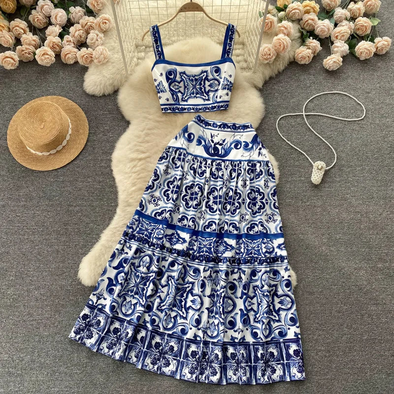 Blue and White Porcelain Print Two Piece Set for Women
